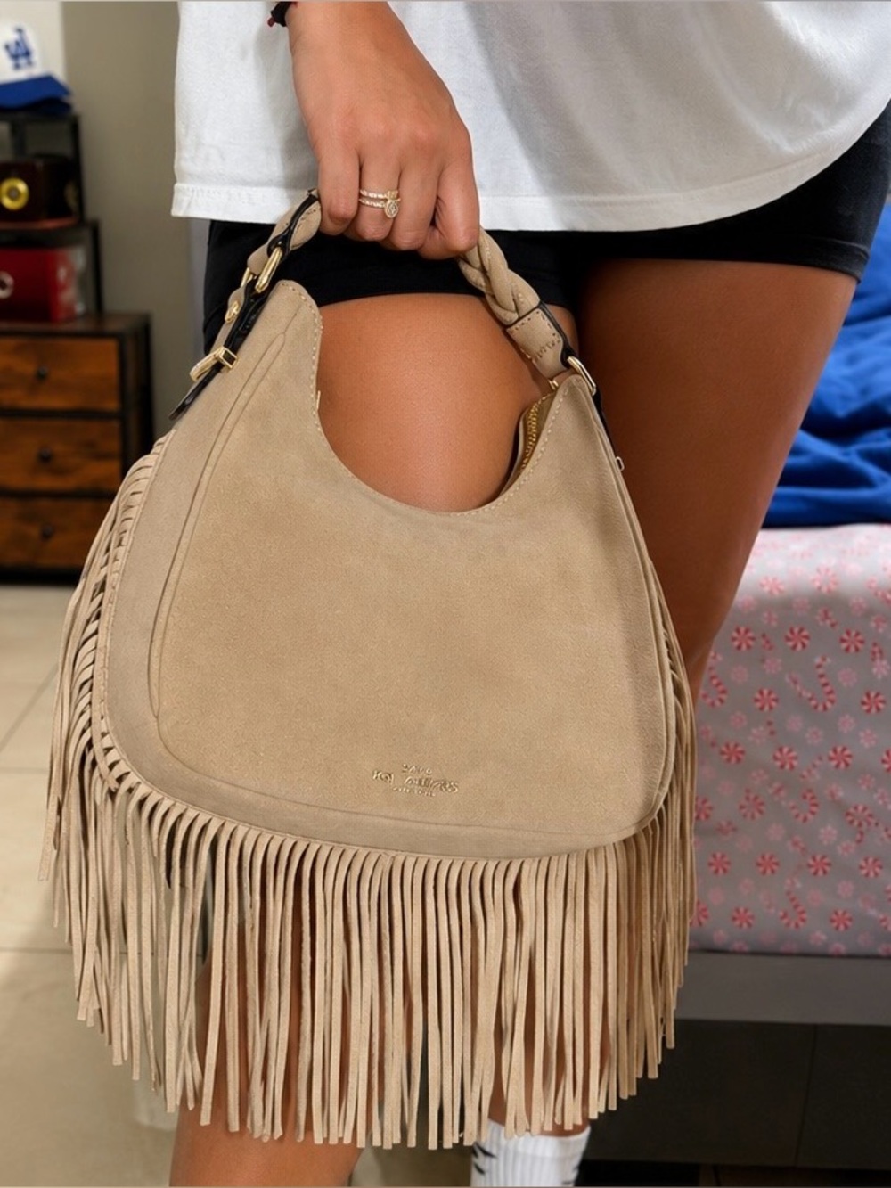 BCBG GENERATION Beige Suede Fringe Hobo Bag